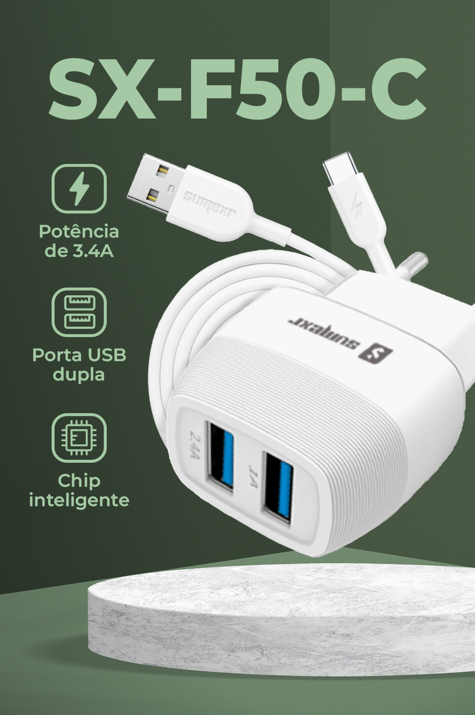 Combo Carregador USB Carga Rápida + Cabo V8 Branco Sumexr